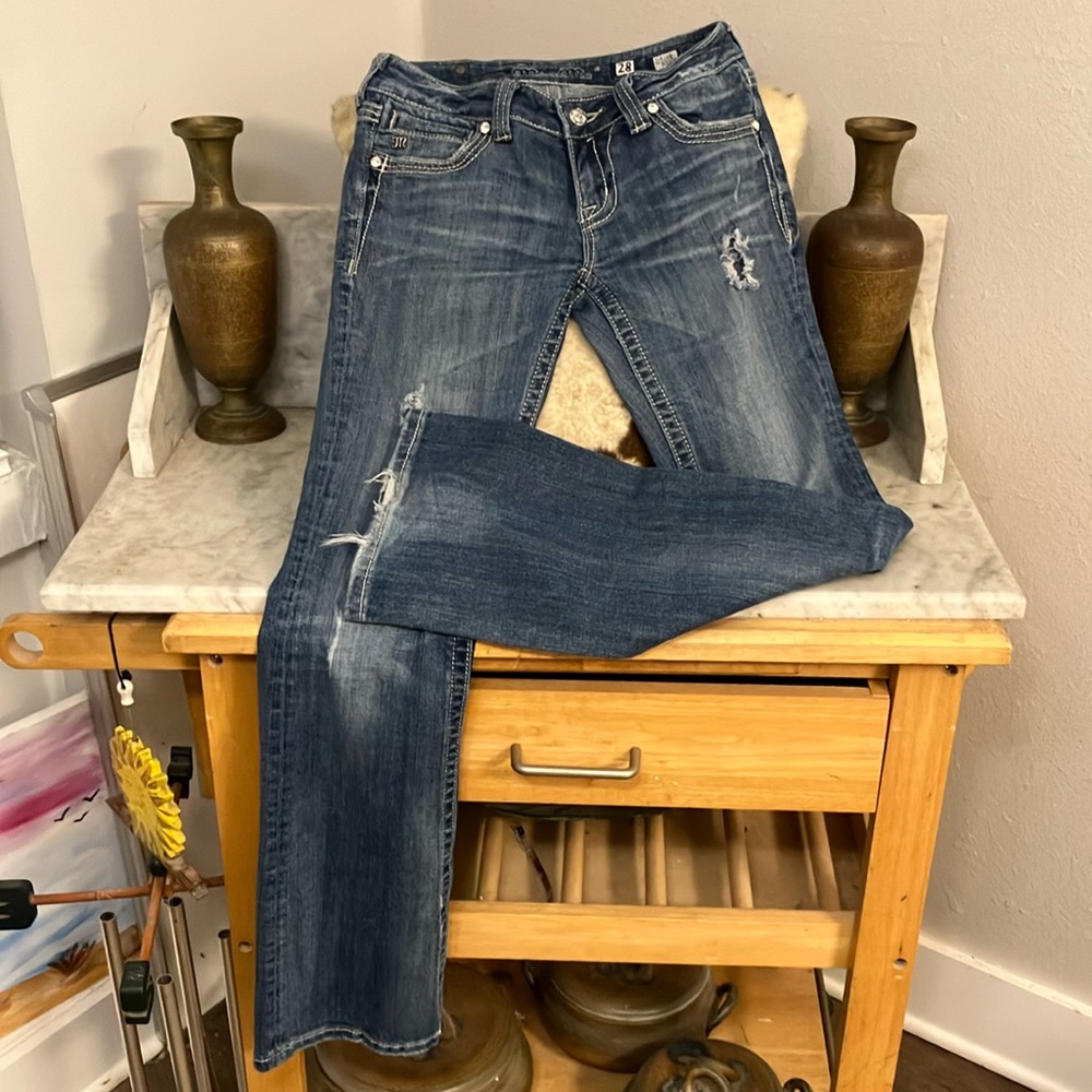 Miss Me Blue Boot Cut Jeans with Classic Fading Factory Distressed! 28